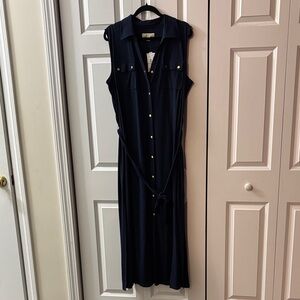 Michael Kors Navy Sleeveless Midi Shirt Dress with Gold Buttons